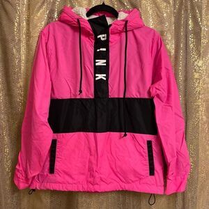 PINK Neon Hot Pink Black Windbreaker Sherpa Hooded Jacket XS/S